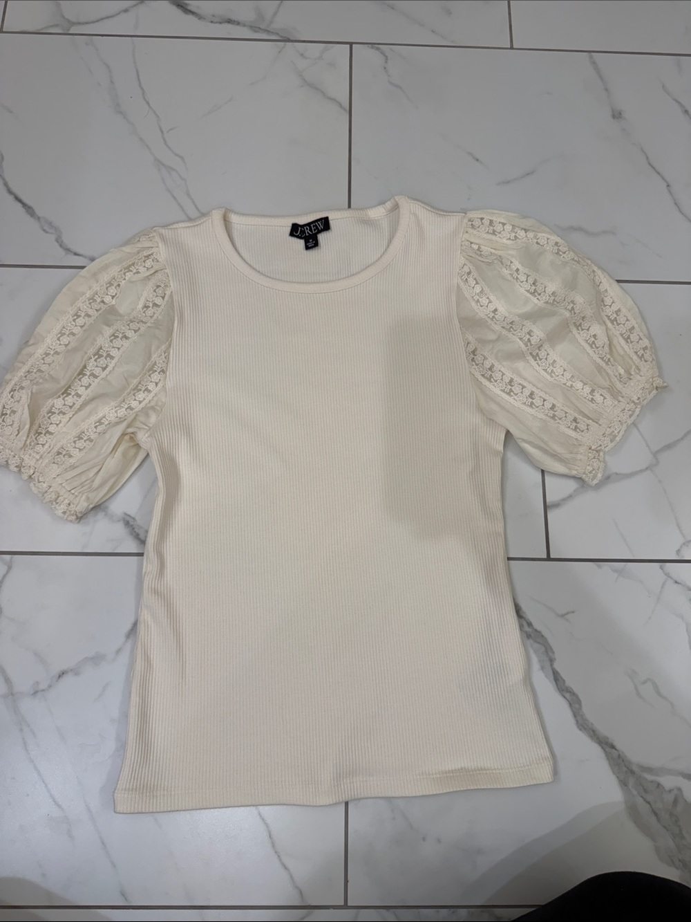 J. Crew Vintage Rib Top with Lace Puff Sleeves in Ivory